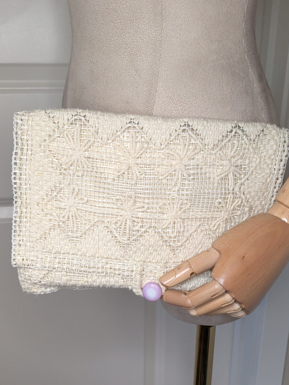 Vintage 60s Boho Bag Ivory Lace Crochet Clutch Envelope Purse MCM